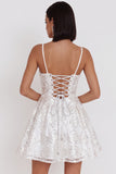 White Sequin A Line Spaghetti Straps Short Homecoming Dress with Bow