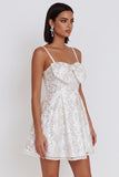 White Sequin A Line Spaghetti Straps Short Homecoming Dress with Bow