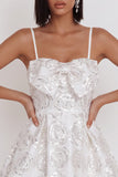 White Sequin A Line Spaghetti Straps Short Homecoming Dress with Bow