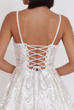 White Sequin A Line Spaghetti Straps Short Homecoming Dress with Bow