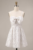 White Sequin A Line Spaghetti Straps Short Homecoming Dress with Bow