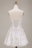 White Sequin A Line Spaghetti Straps Short Homecoming Dress with Bow