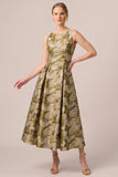 Gold Jacquard A Line Midi Wedding Guest Dress