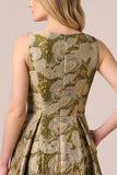 Gold Jacquard A Line Midi Wedding Guest Dress