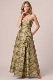 Strapless Gold Jacquard A Line Maxi Wedding Guest Dress with Sash