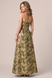 Strapless Gold Jacquard A Line Maxi Wedding Guest Dress with Sash