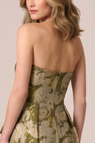 Strapless Gold Jacquard A Line Maxi Wedding Guest Dress with Sash