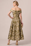 Off the Shoulder Jacquard A Line Gold Wedding Guest Dress