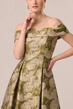 Off the Shoulder Jacquard A Line Gold Wedding Guest Dress