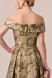 Off the Shoulder Jacquard A Line Gold Wedding Guest Dress