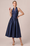 Halter Dark Navy Satin A Line Midi Wedding Guest Dress