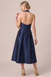 Halter Dark Navy Satin A Line Midi Wedding Guest Dress