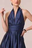 Halter Dark Navy Satin A Line Midi Wedding Guest Dress
