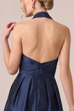 Halter Dark Navy Satin A Line Midi Wedding Guest Dress