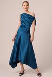 Peacock Blue Asymmetrical Neck Satin A Line Wedding Guest Dress