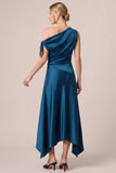 Peacock Blue Asymmetrical Neck Satin A Line Wedding Guest Dress