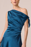 Peacock Blue Asymmetrical Neck Satin A Line Wedding Guest Dress