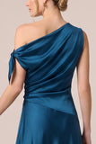 Peacock Blue Asymmetrical Neck Satin A Line Wedding Guest Dress
