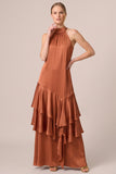 Burnt Orange Halter Satin Ruffled A Line Maxi Dress