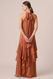 Burnt Orange Halter Satin Ruffled A Line Maxi Dress