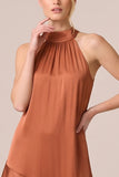 Burnt Orange Halter Satin Ruffled A Line Maxi Dress