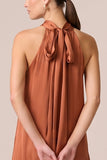 Burnt Orange Halter Satin Ruffled A Line Maxi Dress