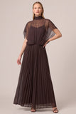 Espresso Pleated A Line Wedding Guest Dress with Cape Sleeves