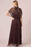Espresso Pleated A Line Wedding Guest Dress with Cape Sleeves