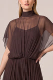 Espresso Pleated A Line Wedding Guest Dress with Cape Sleeves