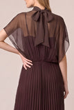 Espresso Pleated A Line Wedding Guest Dress with Cape Sleeves