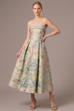 Green Floral Jacquard Strapless Midi Wedding Guest Dress