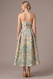 Green Floral Jacquard Strapless Midi Wedding Guest Dress