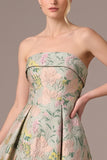 Green Floral Jacquard Strapless Midi Wedding Guest Dress