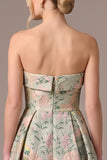 Green Floral Jacquard Strapless Midi Wedding Guest Dress