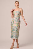 Strapless Green Jacquard Sheath Midi Wedding Guest Dress with Slit