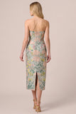 Strapless Green Jacquard Sheath Midi Wedding Guest Dress with Slit