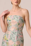 Strapless Green Jacquard Sheath Midi Wedding Guest Dress with Slit