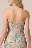 Strapless Green Jacquard Sheath Midi Wedding Guest Dress with Slit