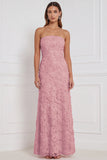Strapless Floral Beaded Pink Bridesmaid Dress with Lace-up Back