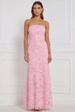 Strapless Floral Beaded Pink Bridesmaid Dress with Lace-up Back