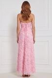 Strapless Floral Beaded Pink Bridesmaid Dress with Lace-up Back