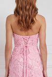 Strapless Floral Beaded Pink Bridesmaid Dress with Lace-up Back