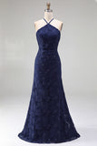 Light Blue Halter 3D Floral Beaded Bridesmaid Dress