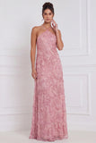 Light Blue Halter 3D Floral Beaded Bridesmaid Dress