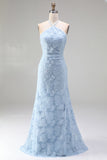 Light Blue Halter 3D Floral Beaded Bridesmaid Dress