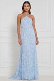 Light Blue Halter 3D Floral Beaded Bridesmaid Dress