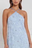 Light Blue Halter 3D Floral Beaded Bridesmaid Dress