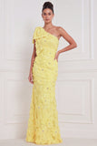 One Shoulder Light Blue 3D Floral Beaded Mermaid Bridesmaid Dress with Bow
