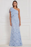 One Shoulder Light Blue 3D Floral Beaded Mermaid Bridesmaid Dress with Bow
