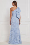 One Shoulder Light Blue 3D Floral Beaded Mermaid Bridesmaid Dress with Bow